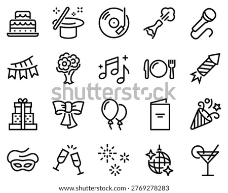A simple set of party-related vector line icons. Includes icons such as a flower bouquet, karaoke, DJ, masquerade, and more.