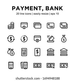 Einfache Set von Bezahlung / Bankverbindung Symbole, die Symbole wie Geld, Bank, Überweisungen, Geldautomaten und andere enthalten.