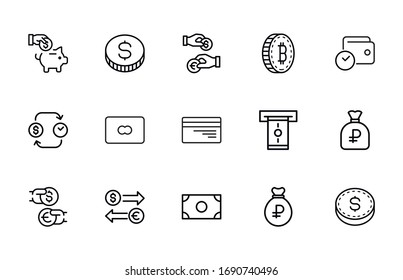 Simple set of payment icons in trendy line style. Modern vector symbols, isolated on a white background. Linear pictogram pack. Line icons collection for web apps and mobile concept.