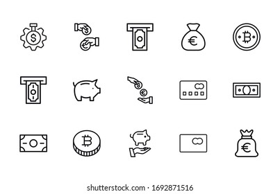 Einfache Auswahl an Zahlungsbildern im trendigen Linienstil. Moderne Vektorillustration-Symbole einzeln auf weißem Hintergrund. Lineare Piktogrammpackung. Kollektion von Line-Icons für Web-Apps und mobiles Konzept.