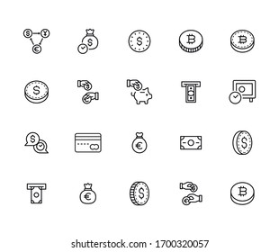 Einfache Auswahl an Zahlungsbildern im trendigen Linienstil. Moderne Vektorillustration-Symbole einzeln auf weißem Hintergrund. Lineare Piktogrammpackung. Kollektion von Line-Icons für Web-Apps und mobiles Konzept.