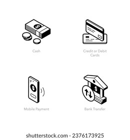 Simple set of payment methods icons. Contains such symbols as Cash, Credit or Debit cards, Mobile Payment and Bank Transfer.