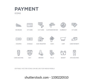 simple set of payment vector line icons. contains such icons as atm machine, basket, bills, broker, buy, card machine, card payment, cart, cash and more. editable pixel perfect.