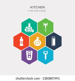 simple set of peeler, coffee maker, glass, liquid soap icons, contains such as icons sauce, corkscrew, juicer and more. 64x64 pixel perfect. infographics vector