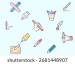 Simple Set of pen Related Vector Line Icons. Vector collection of pencil and quill pen, marker pen, stationery, writing, literature, pen nib symbols or logo elements in thin outline.