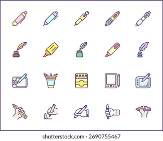Simple Set of pen Related Vector Line Icons. Vector collection of pencil and quill pen, marker pen, stationery, writing, literature, pen nib symbols or logo elements in thin outline.