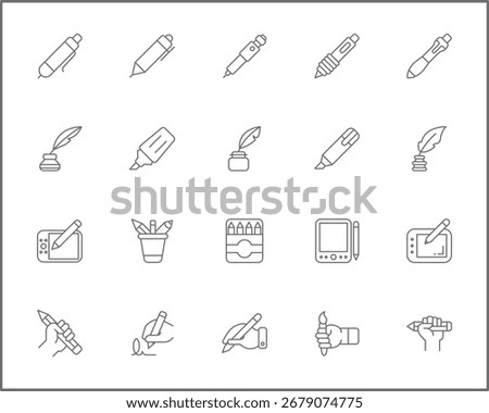 Simple Set of pen Related Vector Line Icons. Vector collection of pencil and quill pen, marker pen, stationery, writing, literature, pen nib symbols or logo elements in thin outline.