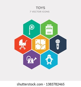 simple set of penguin toy, watering can toy, microphone toy, puzzle icons, contains such as icons pram crayons circle and more. 64x64 pixel perfect. infographics vector