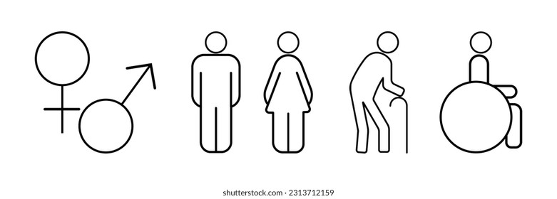 Simple set of people related vector line icons. man and woman icon set, wheelchair person, elderly person.