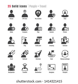 Simple Set of People travel Related Vector soilid Icons. Contains such Icon as GPS user, my location, Area, compass, map, tourist, backpacking, destination, journey, navigator, passport, illustration.