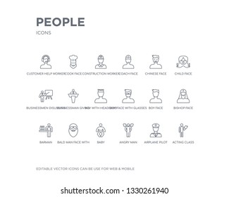 simple set of people vector line icons. contains such icons as acting class, airplane pilot, angry man, baby, bald man face with beard and sunglasses, barman, bishop face, boy face, boy with glasses