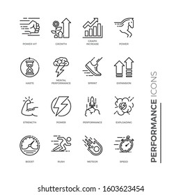 Simple Set of Performance Related Vector Line Icons. Contains such Icons as Expansion, Power, Haste, Speed, Growth and more.