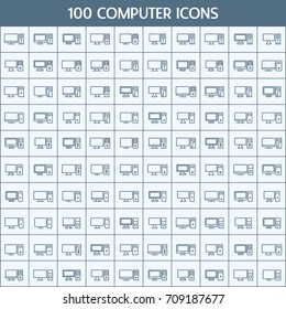 Simple Set of Personal Computer Related Vector Line Icons. Contains such Icons as PC, display, monitor, device and more. Vector pictogram objects.