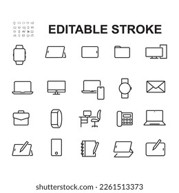 Simple Set of Personal Devices Related Vector Line Icons. Contains Icons like laptop, computer, Message, folder and more. Editable Stroke.
