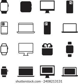 Simple Set of Personal Devices Related Vector Line Icons. Contains such Icons as Unfolded Tablet, Desktop PC Workstation, Round and Square Smart Watch and more