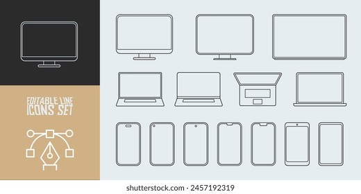 Conjunto simple de dispositivos personales relacionados con los iconos de la línea de Vector.