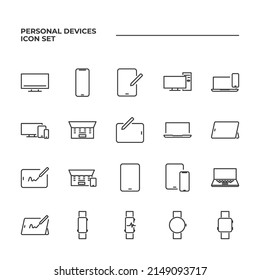 simple set of Personal Devices vector icons with editable line styles covering Tablet, Desktop PC Workstation, Round and Square Smart and other. isolated on white background. 
