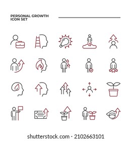 conjunto simple de iconos vectoriales de crecimiento personal con estilos de línea editables que cubren trabajo duro, ideas, creatividad y otros. aislado de fondo blanco. 