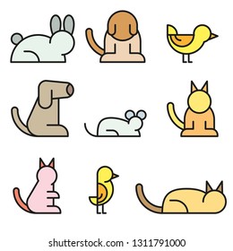 Simple Set of Pet Related Vector Line Icons. Contains such Icons as Dog, Hamster, Cat, Bird and rabbit.
