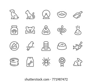 Simple Set of Pet Related Vector Line Icons. 
Contains such Icons as Dog, Cat, Bird, Spider, Animal Food and more.
Editable Stroke. 48x48 Pixel Perfect.