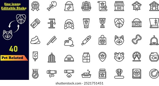 Simple set of pet service-related stroke line icons, including icons such as emotional support dog, restriction sign, pet transportation pictogram, and more. Editable stroke collection.