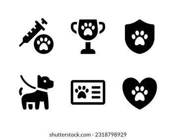 Conjunto simple de mascotas que compran íconos sólidos vectores. Contiene iconos como vacuna para mascotas, trofia, cuidado animal y más.