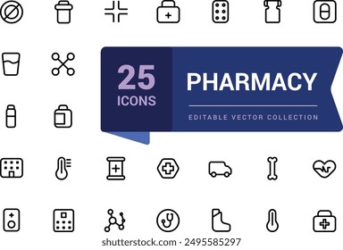 Conjunto simple de iconos de esquema de farmacia. Relacionado con Medicina y Salud. Trazo editable. Iconos perfectos de píxel de Vector.
