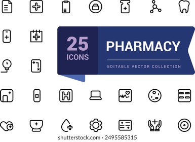 Simple set of pharmacy outline icons. Related to Medical and Health. Editable stroke. Vector pixel perfect icons.