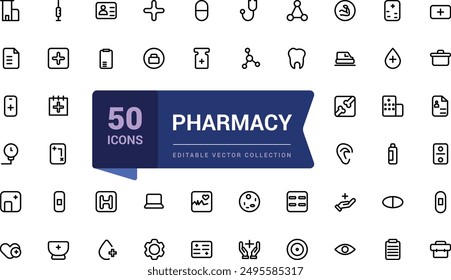Conjunto simple de iconos de esquema de farmacia. Relacionado con Medicina y Salud. Trazo editable. Iconos perfectos de píxel de Vector.