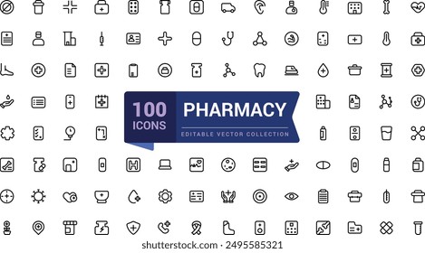 Simple set of pharmacy outline icons. Related to Medical and Health. Editable stroke. Vector pixel perfect icons.