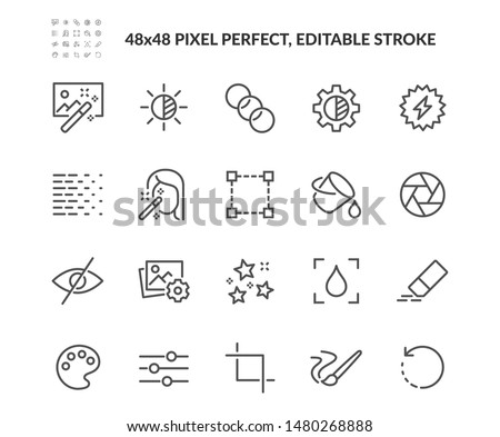 Simple Set of Photo Editing Related Vector Line Icons. Contains such Icons as Brightness, Filter, Diaphragm and more. Editable Stroke. 48x48 Pixel Perfect.