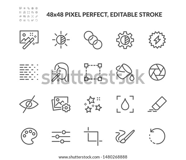 Simple Set of Photo Editing Related Vector\
Line Icons. Contains such Icons as Brightness, Filter, Diaphragm\
and more. Editable Stroke. 48x48 Pixel\
Perfect.