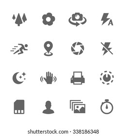 Simple Set of Photo Mode Related Vector Icons. Contains such icons as geo location, print,timer, settings and more. Modern vector pictogram collection.