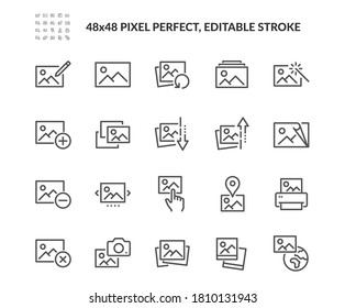 Simple Set of Photo Related Vector Line Icons. Contains such Icons as Edit, Print, Enhance Image and more. Editable Stroke. 48x48 Pixel Perfect.