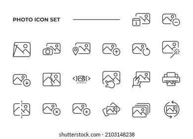 simple set of Photo vector icons with editable line styles covering broken photos, camera photos, download photos and other. isolated on white background. 