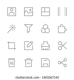 Simple Set of photo or video editing Related Vector thin Line Icons. Contains such as filter, portrait, landscape, film, edit, corp, write, cut, delete, save, share and more. isolated illustration