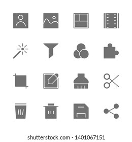 Simple Set of photo or video editing Related Vector flat solid Icons. Contains such as filter, portrait, landscape, film, edit, corp, write, cut, delete, save, share and more. isolated illustration