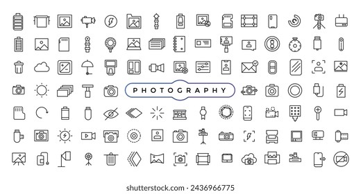 Conjunto simple de iconos de línea de vectores relacionados con la fotografía y la edición de imágenes. Contiene iconos como Galería de imágenes, Corrección automática, Ajustes y más.