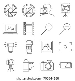 Simple Set of photography Related Vector Line Icons. Contains such Icons as lens, camera, filming, focus, tripod, film and more.