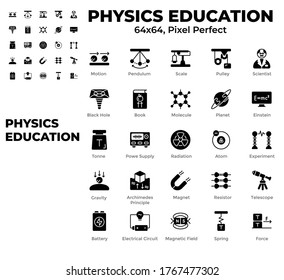 Simple Set of Physics Education, Line Icons such Icons as motion, experiment, telescope, magnet. 64x64 Pixel Perfect 