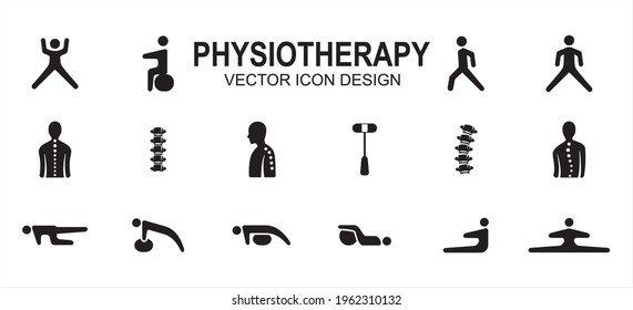 Simple Set of physiotherapy and chiropractic Related Vector icon user interface graphic design. Contains such Icons as stretching, walking, backbone, hammer, lordosis, scoliosis, push up, sit up