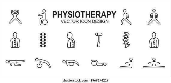 Simple Set of physiotherapy and chiropractic Related Vector icon user interface graphic design. Contains such Icons as stretching, walking, backbone, hammer, lordosis, scoliosis, push up, sit up