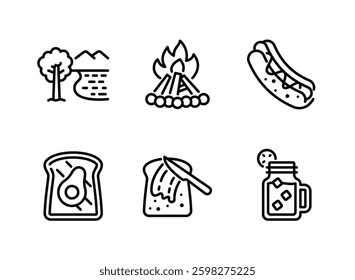 Simple Set of Picnic Related Line Icons. Contains Icons as Nature Landscape, Bonfire, Hotdog and more.