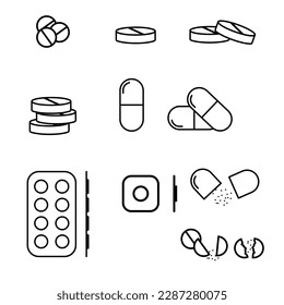 Simple set of pill related vector line icons