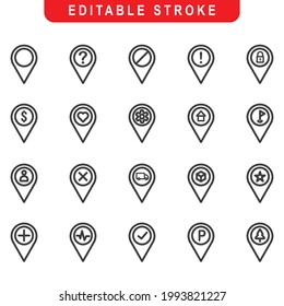 Simple Set of Pin Related Vector Line Icons. Contains such Icons as Disable Pin, Locked, Love Pin, Parking Pin and more. Editable Stroke.