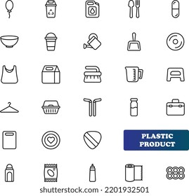 Simple Set of Plastic Product Related Vector Line Icons. Vector illustration Contains icons such as Card, wallet, shopping basket, discount, bowl, package. On a white background, editable stroke.