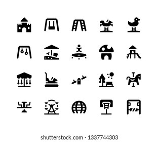 Simple Set of Playground Related Vector Glyph Icons. Contains such Icons as castle, swing, trampoline, slide, seesaw and More. pixel perfect vector icons based on 32px grid. Well Organized and Layered