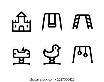 Simple Set of Playground Related Vector Line Icons. Contains Icons as Castle, Swing, Monkey Bars, Duck and more