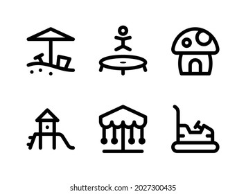 Conjunto simple de iconos de línea de vectores relacionados con el área de reproducción. Contiene iconos como caja de arena, Trampoline, champiñón, Slide y más
