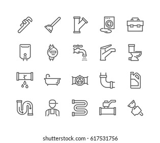 Simple Set of Plumber Related Vector Line Icons. 
Contains such Icons as Leaking Washing Machine, Water Heater, Tool Box and more.
Editable Stroke. 48x48 Pixel Perfect.